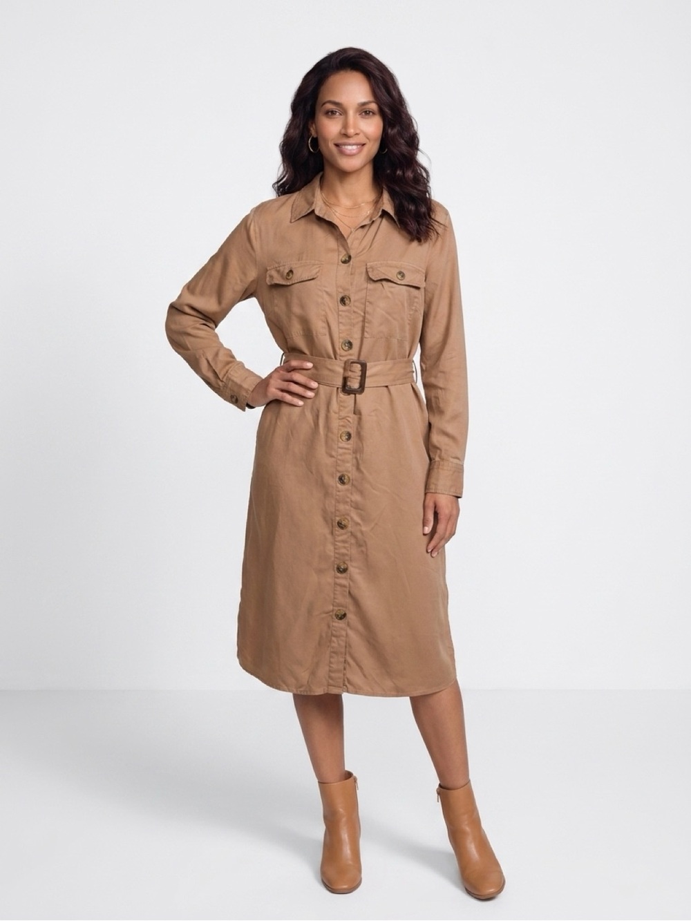 TIME & Tru Tan Button Up Belted Maxi Dress